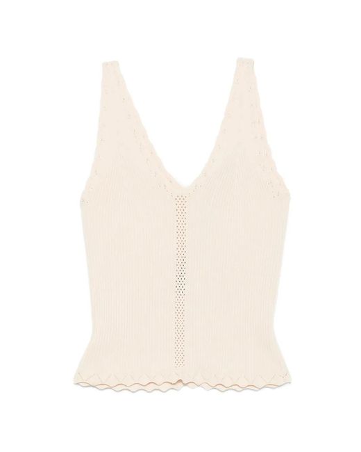 Twinset White Ribbed-Knit Pointelle-Trim Top
