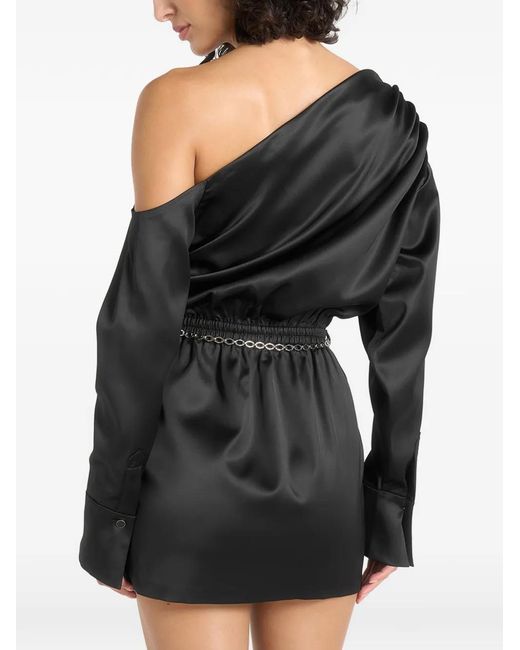 Manière De Voir Black Off-Shoulder Draped Satin Mini Dress With Belt