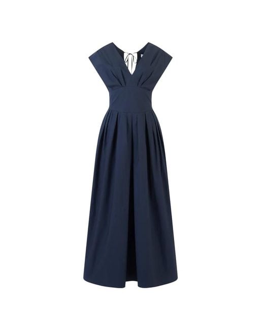 Rosie Assoulin Blue V-Neck Pleated Midi Dress