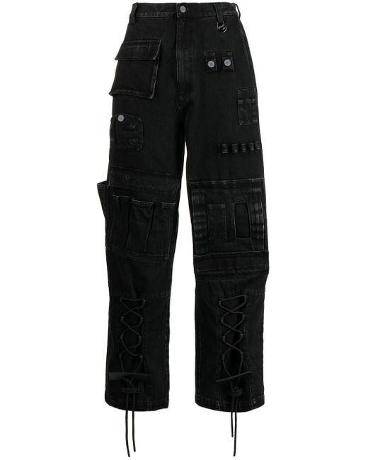 Xander Zhou Black Lace-up Detail Cargo Jeans for men