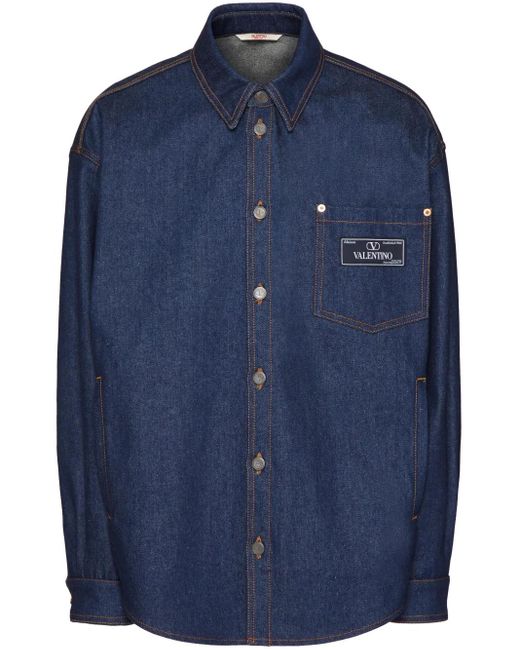 Valentino Garavani Blue Logo-Appliqué Denim Shirt for men