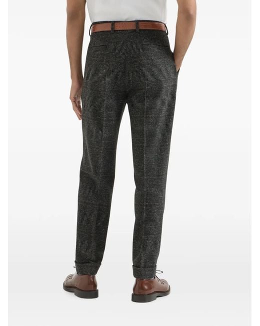 Brunello Cucinelli Black Silk, Wool And Cashmere Prince Of Wales Flannel Trousers With Pleat for men