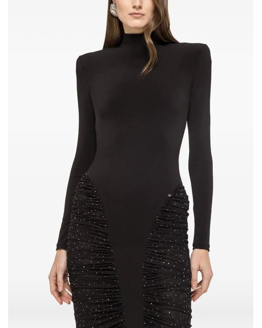Nissa Black Rhinestone-Embellishment Ruched Midi Dress