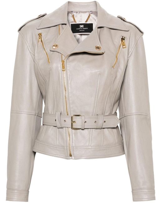 Elisabetta Franchi Gray Belted Leather Biker Jacket
