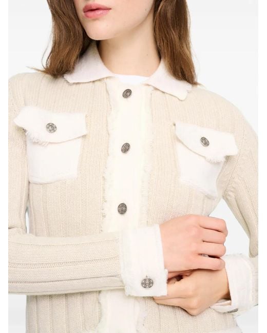 Barrie White Ribbed-Knit Frayed Cardigan