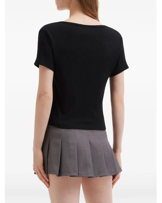Chocoolate Black Ribbed Button-Embellished T-Shirt