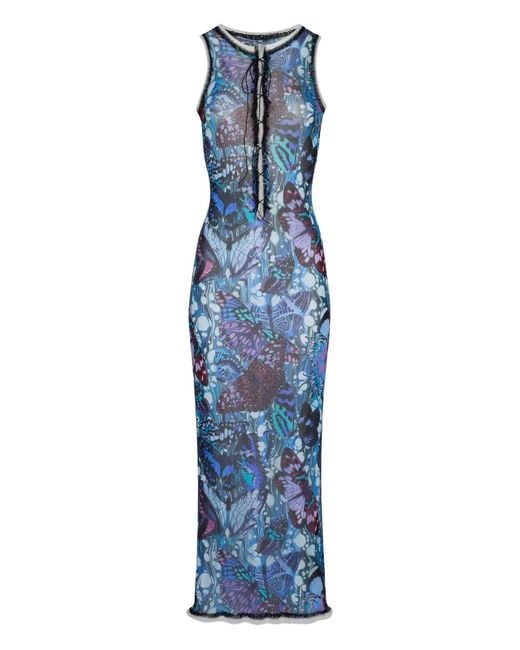 Jean Paul Gaultier Blue Butterfly-Print Mesh Dress