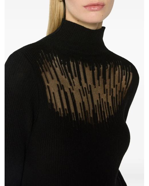 Genny Black Ribbed-Knit Sheer-Panel Top