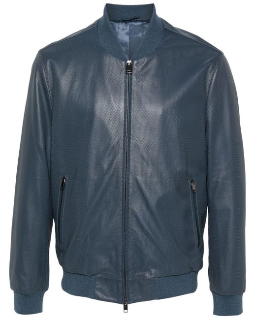 Brioni Blue Perforated Leather Bomber Jacket for men