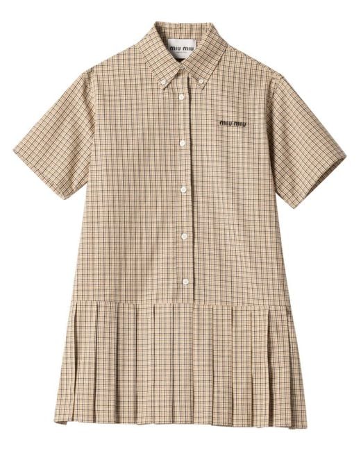 Miu Miu Pleated Check Dress in Natural | Lyst Canada