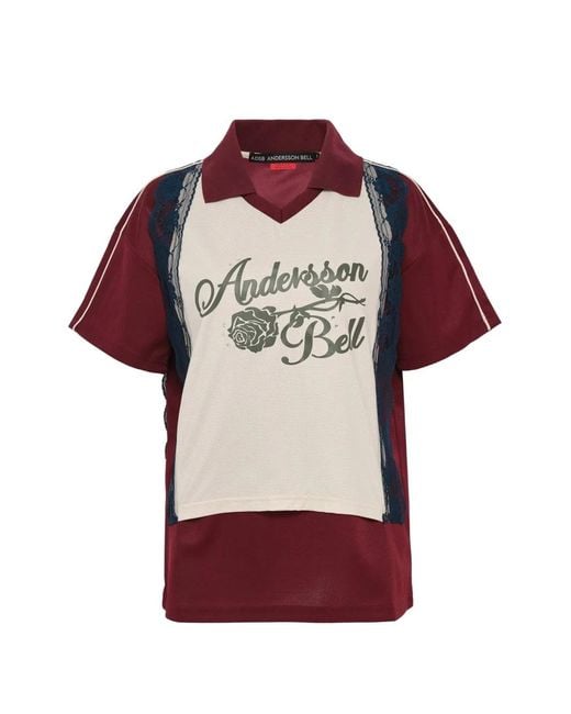ANDERSSON BELL Red Lace-Trim Polo-Collar T-Shirt