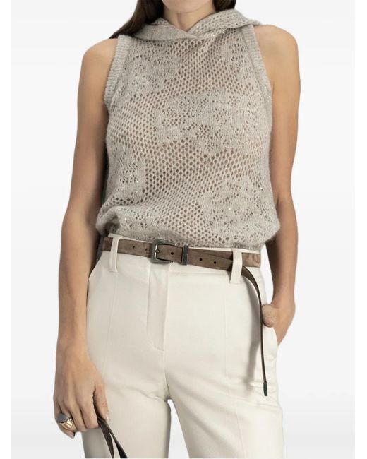 Brunello Cucinelli Natural Sequin-Embellished Hooded Open-Knit Vest