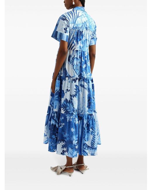 Erdem Blue Tapestry-print Tiered-skirt Midi Dress