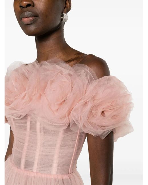 Ana Radu Pink Rose-Appliqué Tulle Gown Dress