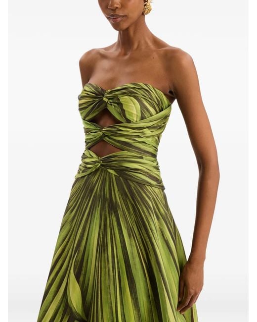 Oscar de la Renta Green Palm Leaves Silk Twill Cocktail Dress