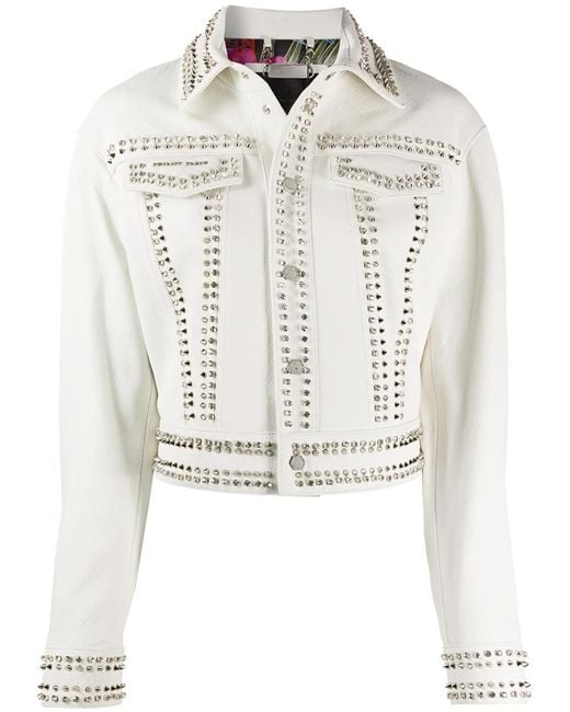 Philipp Plein White Skull Stud Leather Jacket