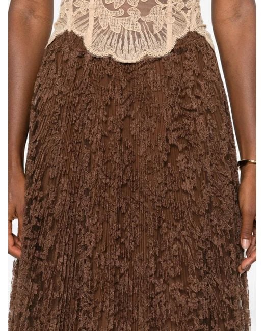 Ermanno Scervino Brown Pleated Lace Midi Skirt