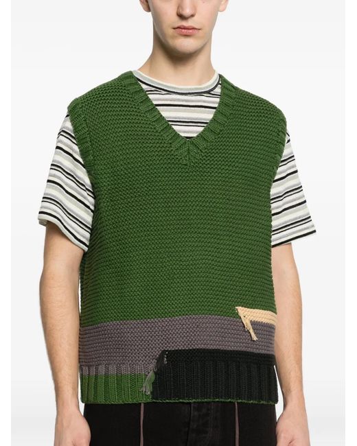 YMC Green V-Neck Colour-Block Vest for men