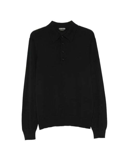Tom Ford Black Long-Sleeve Fine-Knit Polo Shirt for men