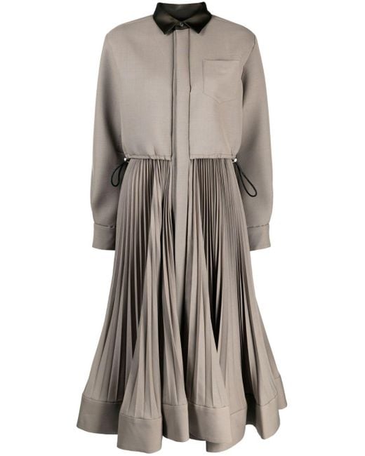 Sacai Gray Pleated Midi Shirt Dress