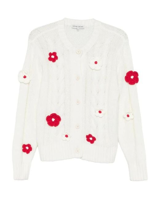 Stine Goya White Flower-Appliqué Cable-Knit Cardigan