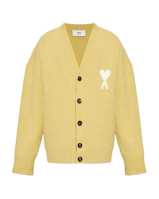 AMI Ami De Coeur Logo Cardigan Yellow