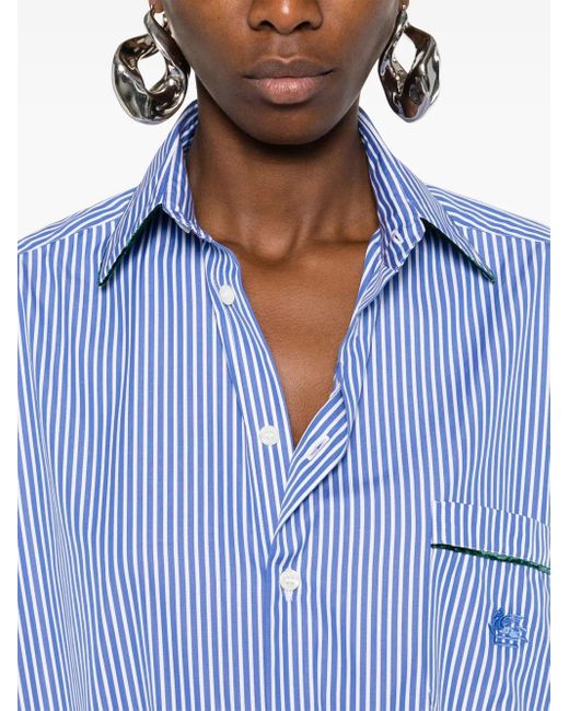 Etro Blue Striped Cotton Shirt With Embroidered Logo