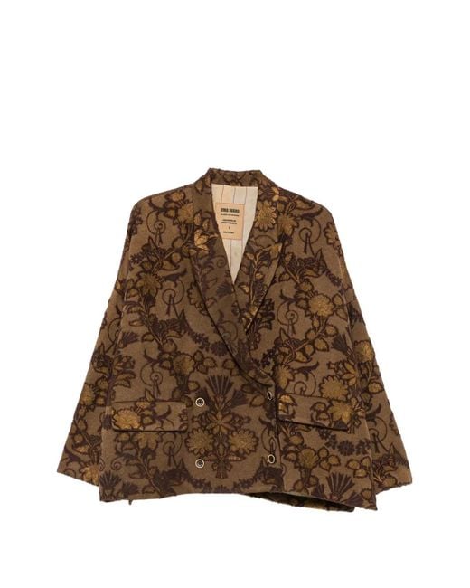 Uma Wang Brown Floral-Jacquard Double-Breasted Jacket