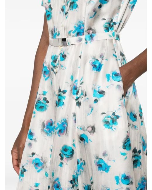 Tory Burch Blue Floral-Print Flared Shirt Dress