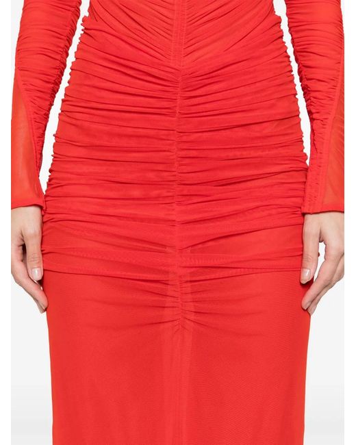 Mugler Red Ruched Mesh Midi Skirt