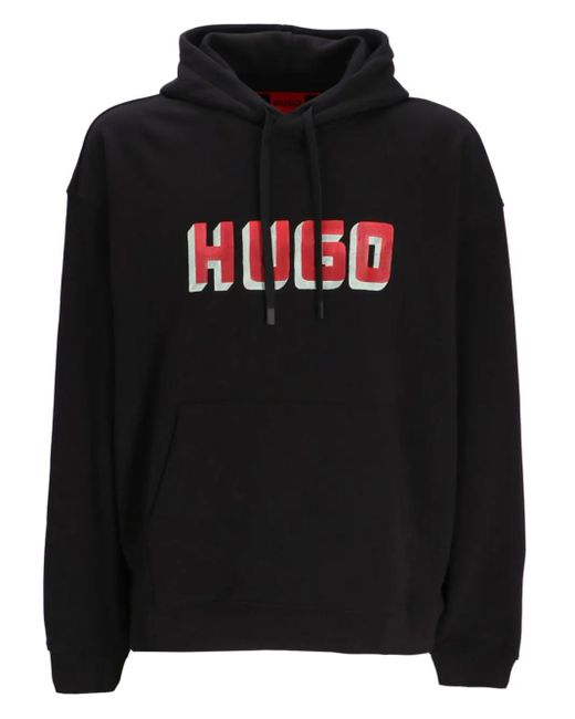 HUGO Black Logo-Print Cotton Hoodie for men