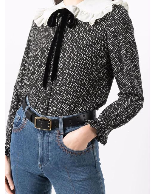 Saint Laurent Black Frilled Blouse In Dotted Silk Crepe De Chine