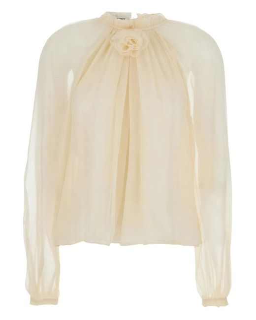 Alberta Ferretti Natural Blouse With Ruffles And Floral Detail On The Front