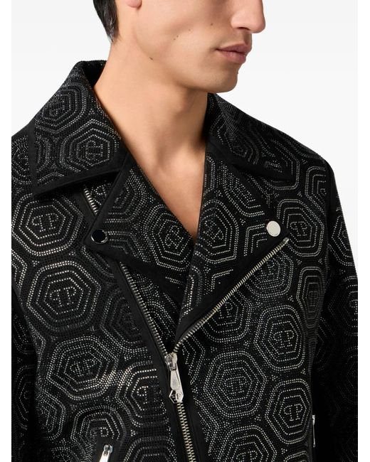 Philipp Plein Black Monogram Stone Biker Jacket for men