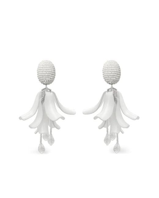 Oscar de la Renta White Beaded Floral Earrings