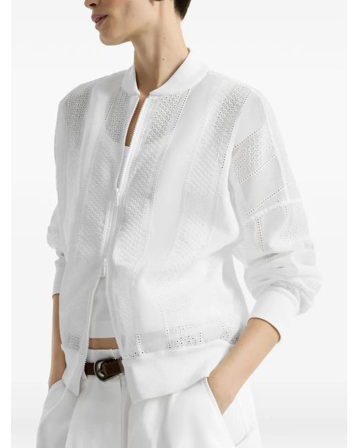 Brunello Cucinelli White Cotton Organza Broderie Anglaise Bomber Jacket With Zip And Monili