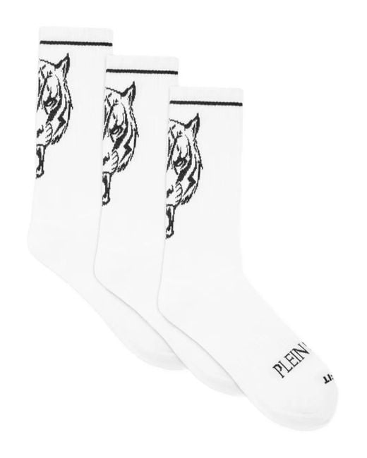 Philipp Plein White Tiger-Head Socks (Pack Of Three)