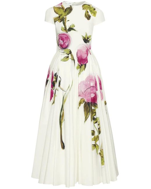 Robe Longue En Popeline À Fleurs Oscar de la Renta en coloris White