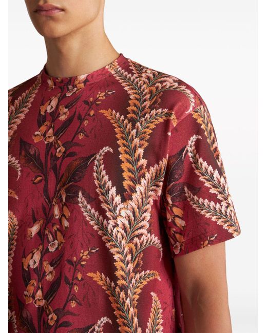 Etro Red Foliage-print Cotton T-shirt for men