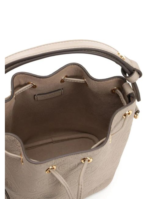Tory Burch Metallic Embossed-Crest Leather Mini Bucket Bag