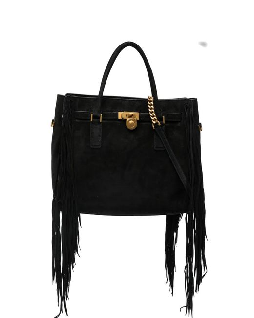 MICHAEL Michael Kors Black Large Hamilton Moderne Fringe-Detail Leather Tote Bag