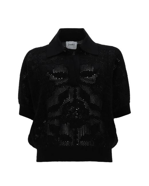 Nude Black Crochet-Knit Polo Shirt