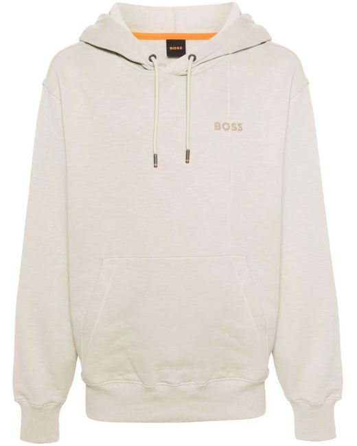 Boss White Abstract-motif Logo-patch Cotton Hoodie for men