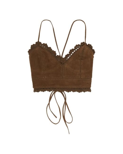 Bimba Y Lola Brown Crochet-Trim Lace-Up Top