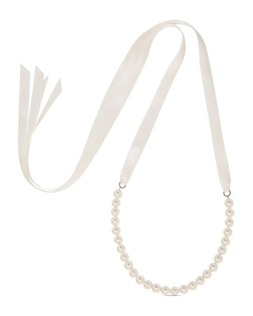 Jennifer Behr White Pearl-Embellished Ribbon Tie Necklace