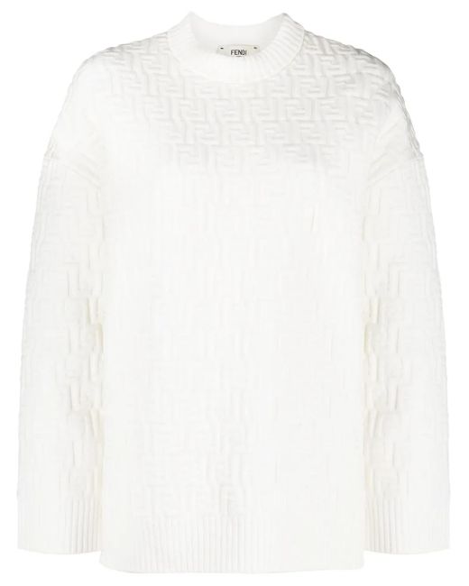 Fendi White Monogram-Pattern Long-Sleeve Jumper