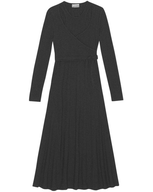 Ganni Black Ribbed Wrap Maxi Dress