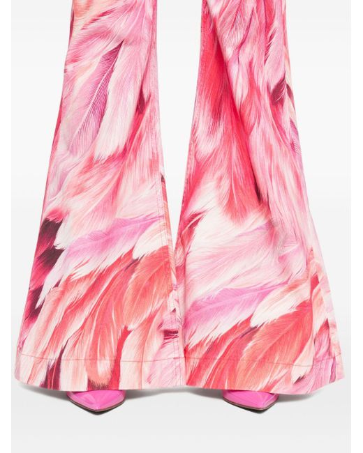 Roberto Cavalli Plumage-print Flared Jeans in het Pink