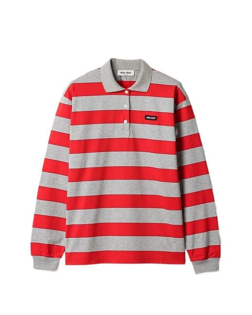 Miu Miu Red Striped Jersey Polo Shirt