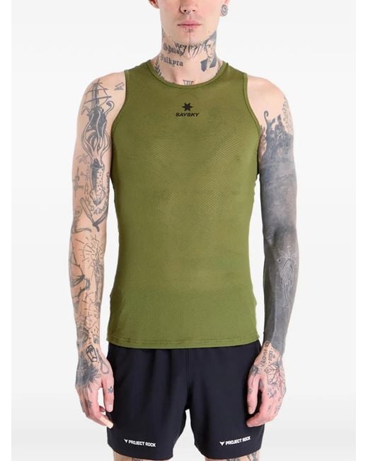 Saysky Green Mesh Base Layer Logo-Print Singlet